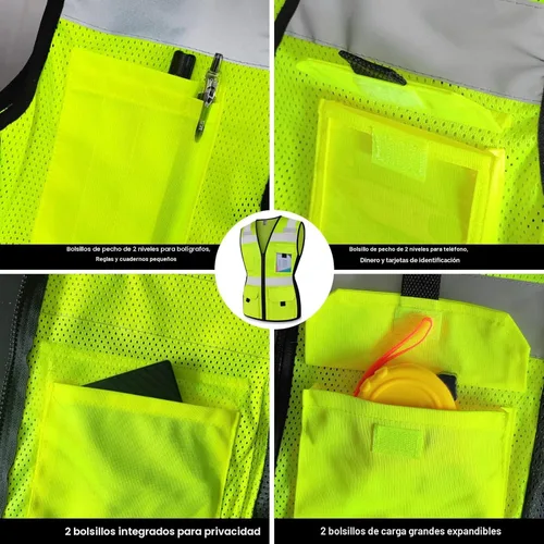 Miniatura 4 de TCCFCCT Chaleco de seguridad para mujer, chaleco reflectante de malla de 11 bolsillos con cremallera, chaleco de trabajo de construcción de neón