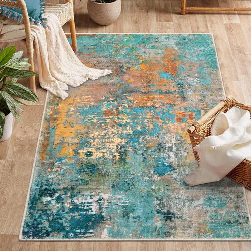 Miniatura 21 de Lahome Alfombra redonda moderna abstracta de 3 pies, color azul, lavable, de 3 x 3 pies, para cocina, entrada, suave, pequeña, antideslizante