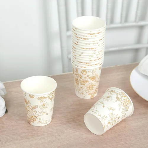 Efavormart - Paquete de 24 vasos de papel franceses, elegantes vasos desechables de oro blanco para fiesta, 9 onzas