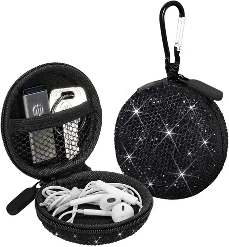 Miniatura 10 de SAVORI Estuche para auriculares pequeños con diamantes de imitación de cristal portátil, organizador de auriculares, bolsa de almacenamiento con Rosa