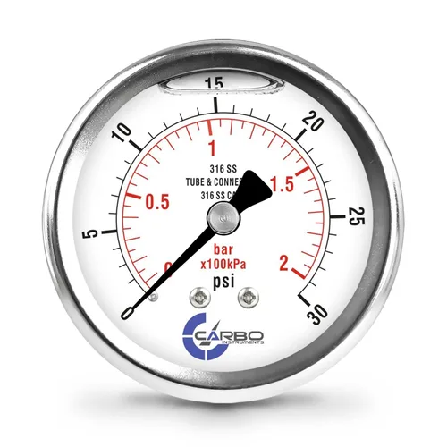 Miniatura 20 de Medidor de presión relleno de líquido de 300 PSI, dial de 2.5 pulgadas, montaje trasero 1/4 NPT, estuche 316 SS, 316 piezas mojadas SS, PSI/barra