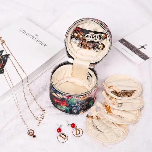 Miniatura 6 de Angelina's Palace Organizador redondo de joyas, bolsa de viaje, regalos de dama de honor, caja de cuero vegano para collar, aretes, pulsera, anillo