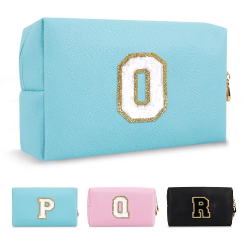 Miniatura 167 de Pequeña bolsa de maquillaje personalizada con inicial A-Z Preppy Patch, bolsa de cosméticos de viaje de felpilla blanca con cremallera, bonita bolsa
