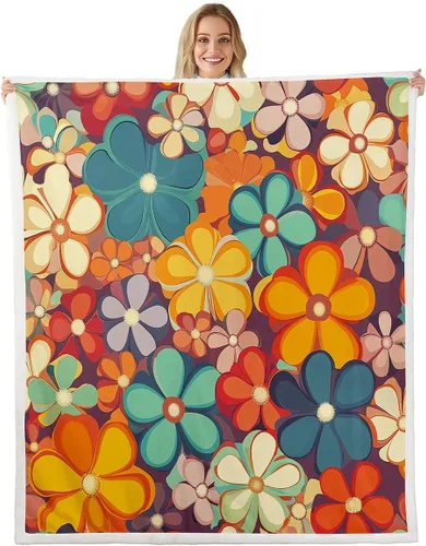Miniatura 19 de Manta de vellón Kawaii Mushroom Boho – Hippie Groovy Floral Sherpa Queen – 60s 70s Retro Vintage Theme Throw – Chic Daisy Flower Plush Geometric