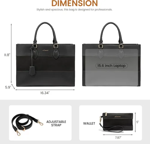 Miniatura 6 de LOVEVOOK Bolsa de mano para laptop para mujer, bolsa de trabajo, oficina, maletín para computadora con bolso de mano Negro