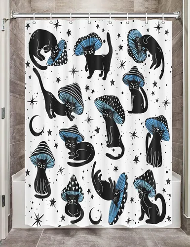 Miniatura 9 de MERCHR Cortina de Ducha de Gato Lindo Campista para Baño de Remolque de Viaje, Divertido Juego de Cortinas de Ducha de Tela Negra con Gato