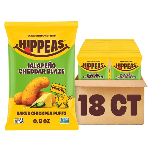 Hippeas Puffs de garbanzos, Jalapeño Cheddar Blaze, 18 x 0.8 z, bocadillos de garbanzos crujientes horneados con 0.11 onzas de proteína vegetal,