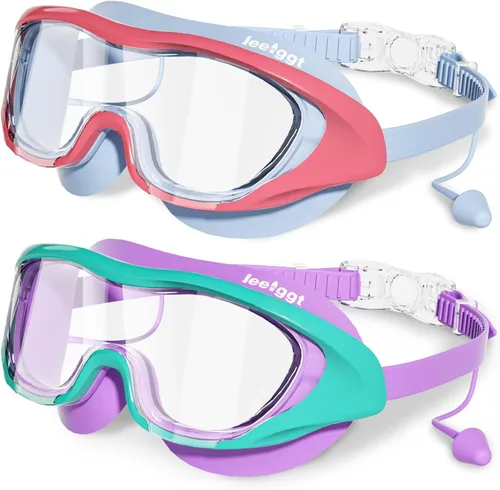 Miniatura 10 de Gafas de natación anti niebla UV para niños de 6 a 14 años, paquete de 2 gafas de natación para niños con tapones para los oídos adjuntos Dorado-azul
