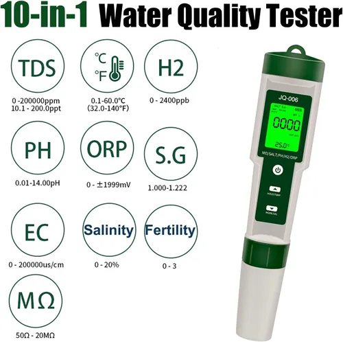 Miniatura 4 de Medidor de pH para agua,10 en 1 Digital Ph Tester Pen luz trasera, ATC ± 0.01 Resolución Alta precisión