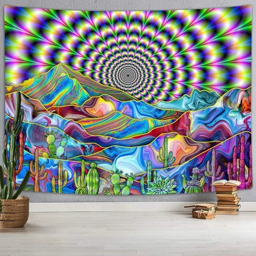 DYNH Tapiz psicodélico de cactus de montaña, paisaje colorido abstracto surrealista místico, hippie, bohemio, para colgar en la pared de dormitorio,