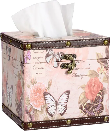 Funda para caja de pañuelos vintage, soporte cuadrado de madera, diseño de mariposas decorativas, soporte de pañuelos de piel sintética para mesa,