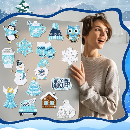 Miniatura 7 de Umigy 16 piezas de arte de diamantes de invierno 5D pingüino copo de nieve muñeco de nieve pintura de diamantes de imitación para nevera calcomanías