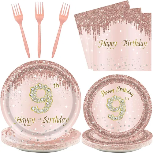 Miniatura 8 de 24 juegos de decoración de fiesta de cumpleaños número 13 de oro rosa para niñas, platos y servilletas para el cumpleaños número 13, tenedores
