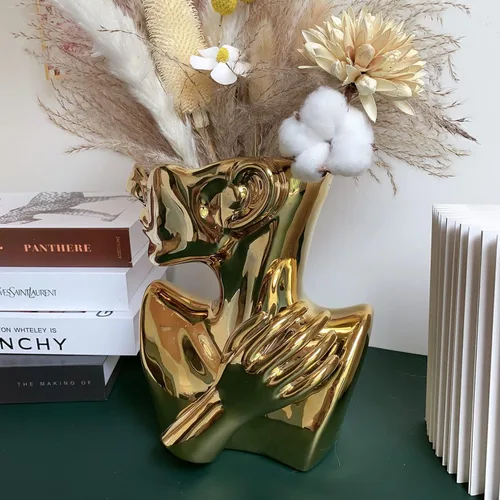 Miniatura 2 de Estatua de cerámica, florero con cara, macetas de busto con forma de cabeza para regalos de cumpleaños, decoración del hogar y la oficina (dorada)