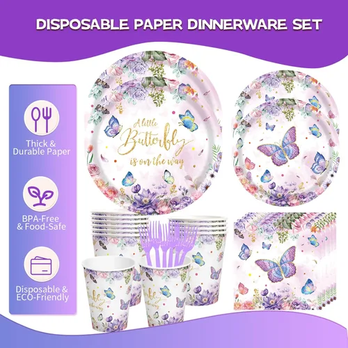 Miniatura 3 de Suministros de fiesta de cumpleaños de mariposa, juego de vajilla desechable de mariposa de 120 piezas con platos, vasos, servilletas y tenedores