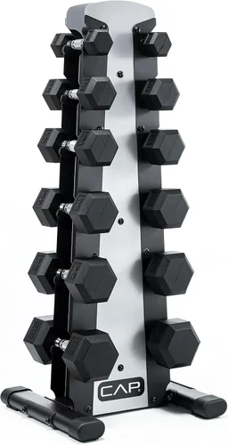 Miniatura 15 de CAP Juego de mancuernas hexagonales con revestimiento de goma con estante de almacenamiento, opciones de 100 a 210 libras, almacenamiento compacto