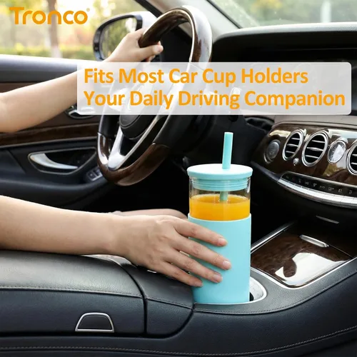 Miniatura 3 de Tronco Vaso de vidrio de 20 onzas con tapas y pajitas, vasos reutilizables para batidos con tapa de silicona, taza de café helado con funda