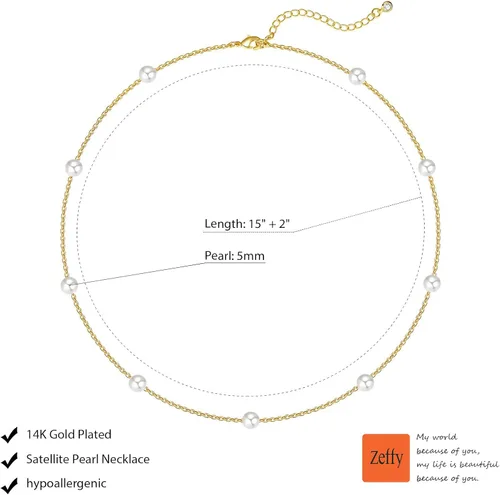 Miniatura 5 de Zeffy Collar de perlas de oro para mujer, delicado collar de gargantilla de perlas pequeñas chapado en oro de 18 quilates, collar de cadena