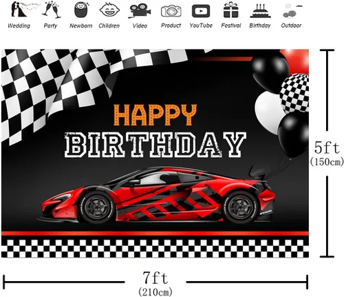 Miniatura 2 de Telón de fondo de feliz cumpleaños para fotografía de auto de carreras de 7 x 5 pies, color rojo fresco, fondo de fotos de auto, banderas, fondos