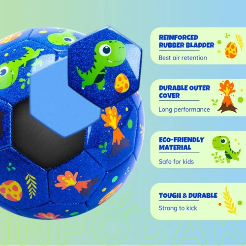 Miniatura 6 de INPODAK Balón de fútbol para niños pequeños, tamaño 3, bola azul de dinosaurio de dibujos animados para niños de 2 a 8 años con bomba, bolsa