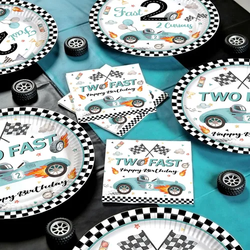 Miniatura 4 de Decoración de fiesta de 2º cumpleaños de coche de carreras para niños, dos platos y servilletas de papel desechable, dos rápidos, dos, curiosos, 2