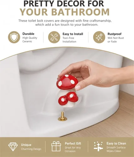 Miniatura 2 de WANSHUNLMI Tapones de pernos de inodoro de hongo rojo, tapas de pernos de inodoro altos de hongo de cerámica, bonita decoración de baño, fácil Rojo