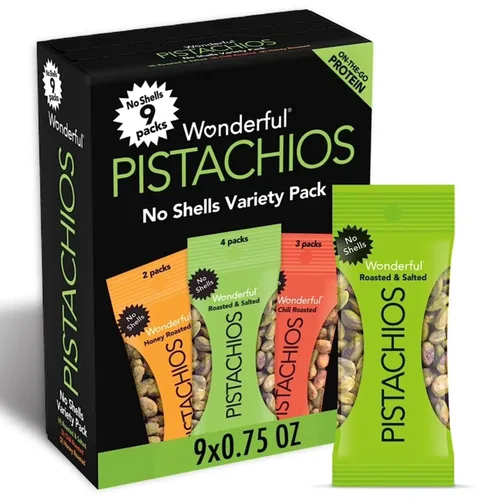 Wonderful Pistachios - Pistachos sin cáscara, paquete surtido, 0.75 onzas (paquete de 9 unidades) 4 Roasted & Salted tostado y salado, 3 Chili