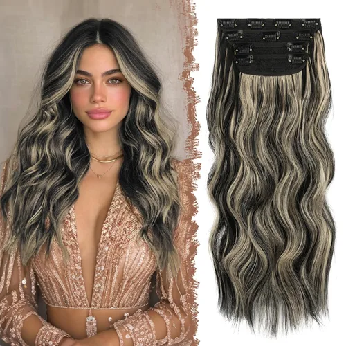 Miniatura 14 de FESHFEN Extensiones de cabello con clip - 4 piezas Extensiones de cabello sintético ondulado largo y grueso con clip para cabeza completa