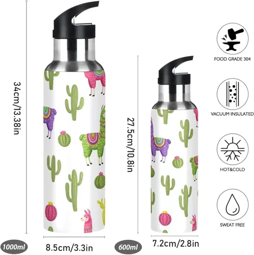 Miniatura 2 de Insulated Stainless Steel Water Bottle with Straw 20 Oz, Leakproof Water Bottles for Gym Outdoor Travel School, Colorful Llamas Cactus Cute