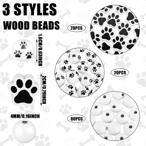 Miniatura 3 de 120 cuentas de madera de pata, cuentas de huella de perro, cuentas de madera de pata de cachorro, cuentas de madera en blanco y negro, lindas