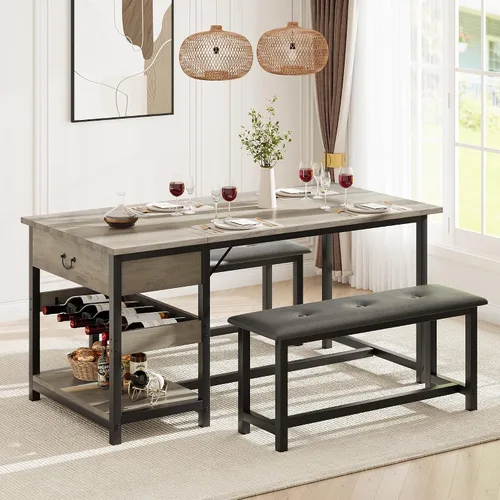 Miniatura 2 de GarveeHome Juego de mesa de comedor para 4, juego de mesa de comedor de cocina con bancos tapizados, mesa de comedor de cocina con cajones