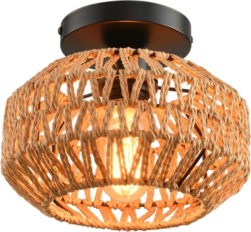 1 paquete de lámparas de granja para montaje en techo, mini lámpara de techo de ratán bohemio semiempotrada, accesorios de luz de pasillo tejidos a