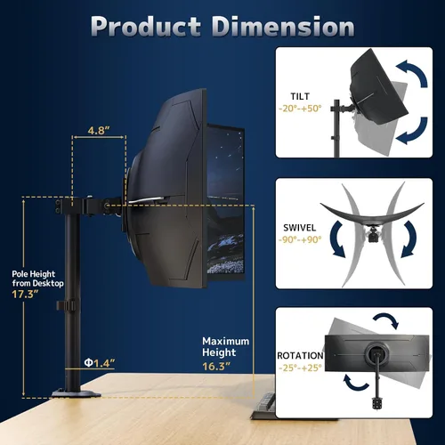 Miniatura 6 de Brazo de monitor único para pantallas de hasta 49 pulgadas, soporte de montaje para monitor ultra ancho, perfil bajo