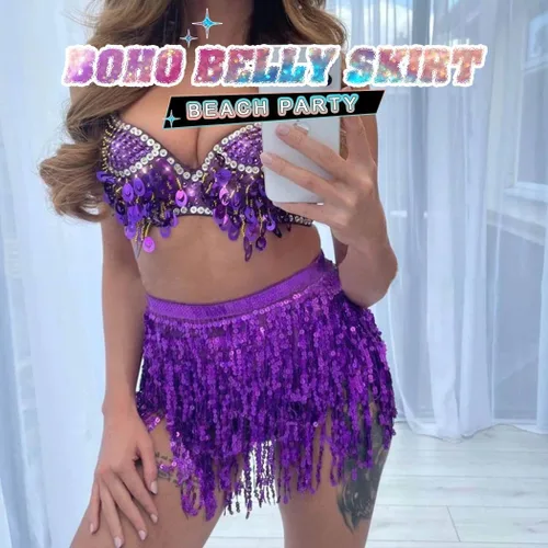 Miniatura 5 de REETAN Falda Boho para danza del vientre con lentejuelas, mascada de cadera con flecos y borlas falda para fiestas, bailes,actuaciones y disfraces