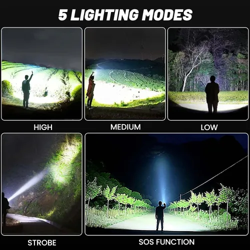 Miniatura 6 de Linternas recargables de 99,000 lúmenes, linterna LED súper brillante, altos lúmenes con cable USB, 5 modos, linterna impermeable, potente luz
