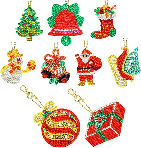 Hicarer 9 piezas de adornos de Navidad de doble cara 5D DIY pintura de diamantes de Navidad kits de llaveros para adultos DIY llavero arte colgante
