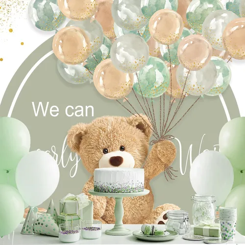 Miniatura 4 de Telón de fondo de oso para baby shower, 7 pulgadas de ancho x 5 pulgadas de alto, con texto en inglés «We Can Bearly Wait» con globos verdes