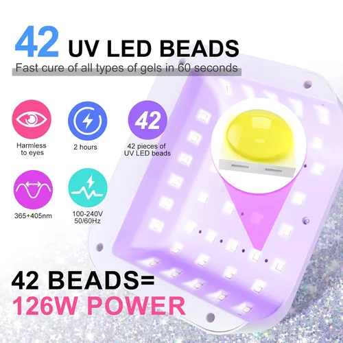 Miniatura 4 de Lámpara LED de uñas, luz de uñas de gel de 126 W, lámpara profesional recargable, 42 cuentas LED UV duraderas, sensor automático, secado rápido