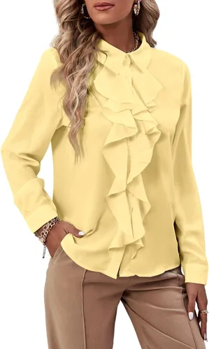 Miniatura 13 de LYANER - Blusa de manga larga con cuello de botón y volantes en la parte delantera para mujer