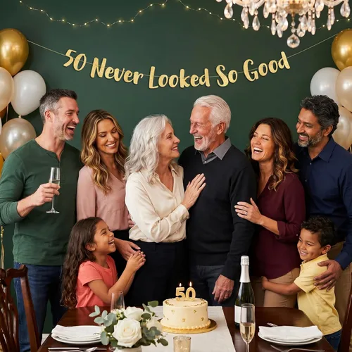 Miniatura 7 de Cartel dorado con purpurina preencordada de 50 "Never Looked So Good", decoraciones de cumpleaños 50 y aniversario para hombres y mujeres