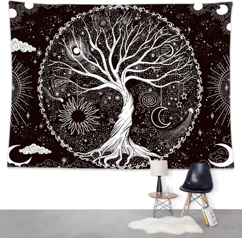 Miniatura 7 de Wonrizon Tapiz del árbol de la vida, tapiz espacial de galaxia en blanco y negro, decoración estética psicodélica para colgar en la pared para sala