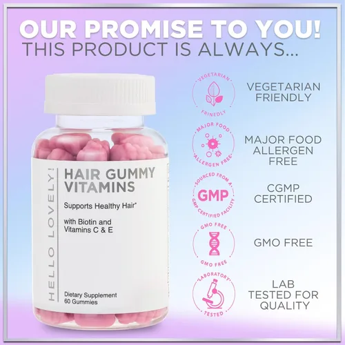Miniatura 4 de Hello Lovely - Gomitas de vitaminas para el cabello con biotina, 5000 mcg de vitaminas E y C que apoyan el crecimiento del cabello, vegetariano