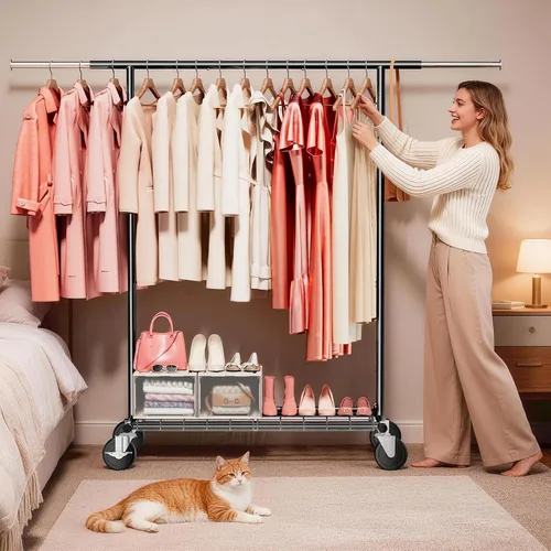 Miniatura 5 de Perchero resistente – Carga de 500 libras, perchero con ruedas y estantes con cerradura, estante extensible para dormitorio, lavandería, sala