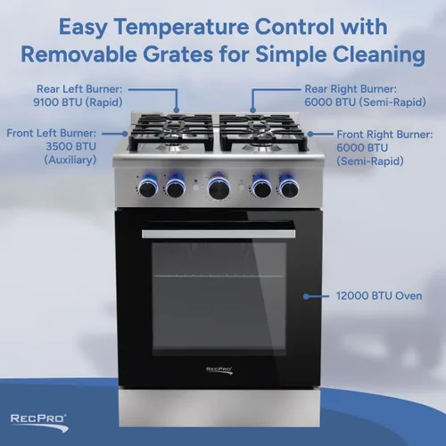 Miniatura 6 de RecPro Estufa RV Cocina de gas independiente de acero inoxidable o negro de 24 pulgadas 12000 BTU 4 quemadores 4 patas de nivelación