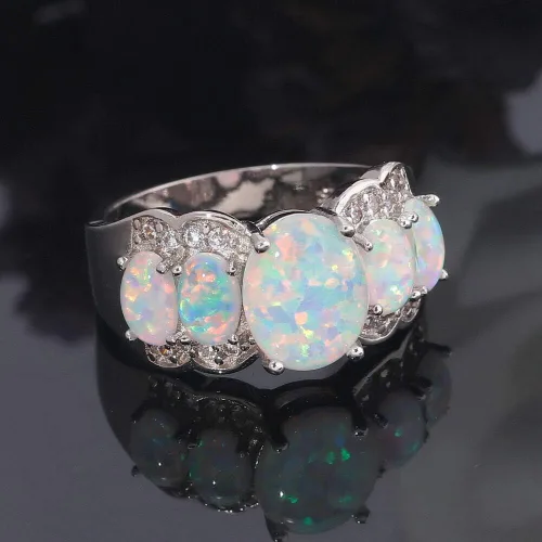 Miniatura 2 de CiNily - Anillo chapado en rodio con ópalo de fuego blanco para mujer, talla 5 12
