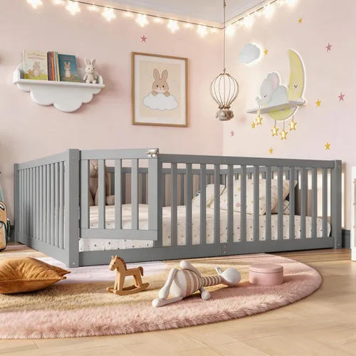 Miniatura 9 de Bellemave Cama de suelo Queen para niños, marco de cama Montessori con barandillas y puerta en forma de valla, cama Queen de madera para niños, Gris