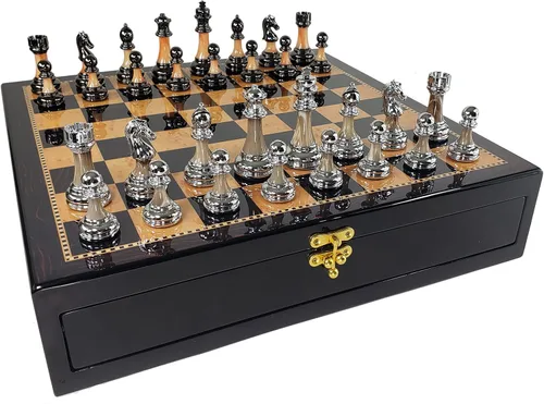 Staunton - Juego de ajedrez cromado y negro para hombre, 17 pulgadas, nogal oscuro y tablero de almacenamiento de color arce Birdseye