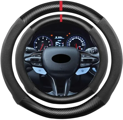 Miniatura 65 de Funda de volante de ante con fibra de carbono de K LAKEY, compatible con Porsche 718 Boxster Cayman 911 Panamera Macan Cayenne de 15 pulgadas, cuero
