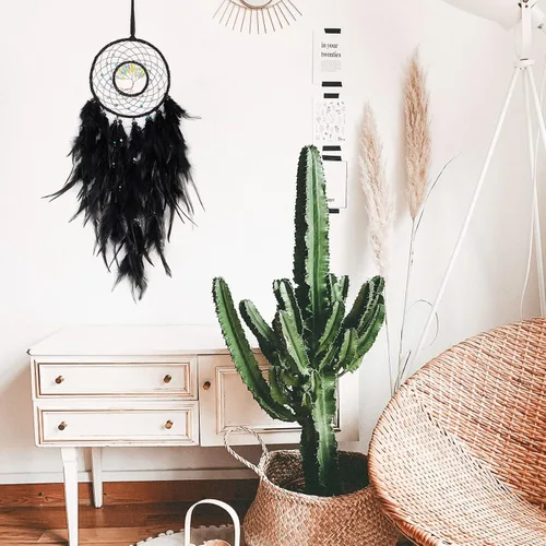Miniatura 6 de Atrapasueños de árbol de la vida negro de ensueño con piedra de cristal curativo hecha a mano, atrapasueños, decoración para colgar en la pared