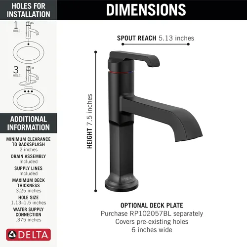 Miniatura 4 de Delta Tetra - Grifo de baño negro mate de 1 agujero, grifo de lavabo de baño de un solo orificio para tocador, conjunto de drenaje de metal